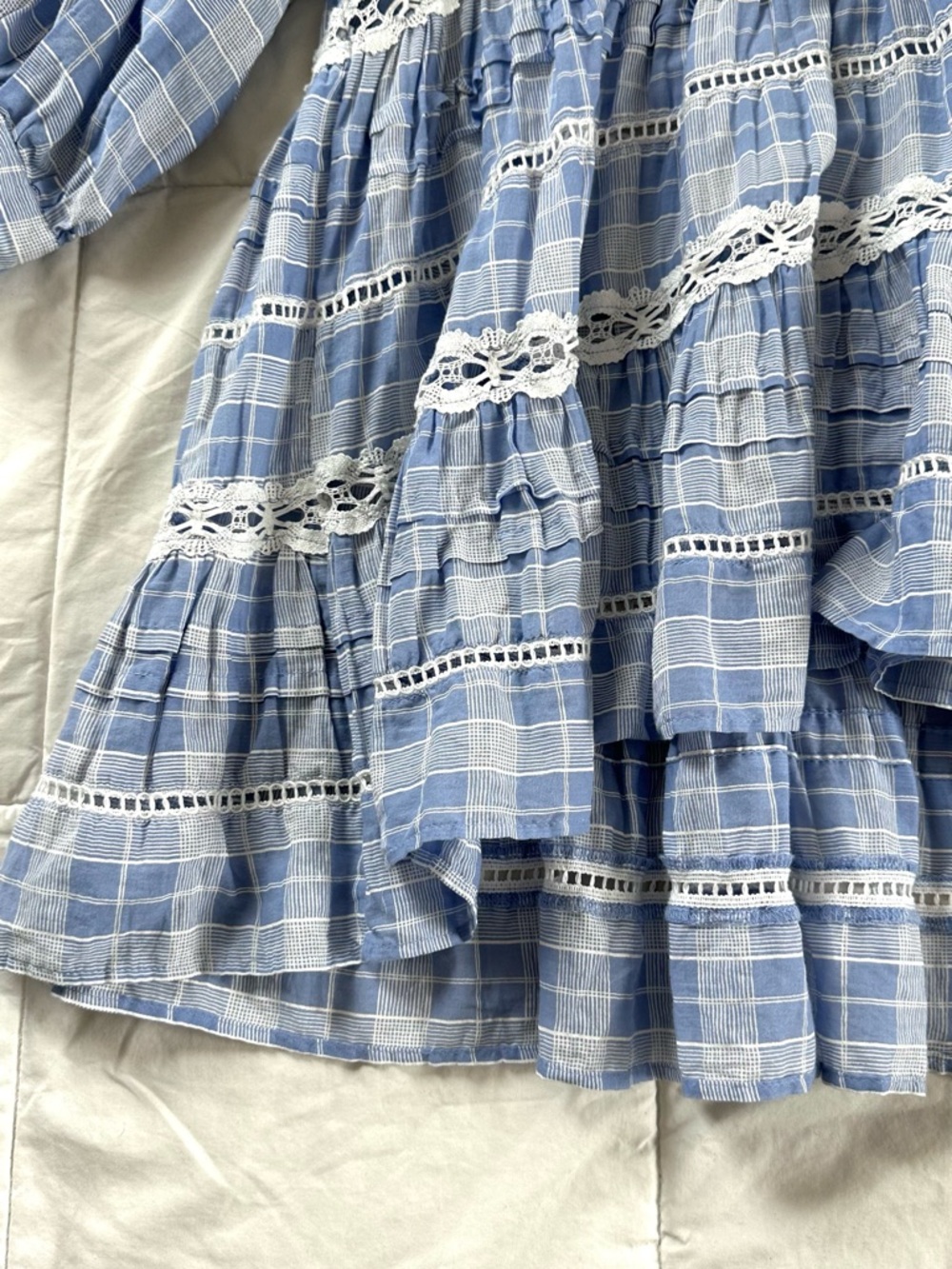 FREE PEOPLE Light Blue Plaid Lace Trim Babydoll Tunic Dress Size-L - Picture 10 of 13